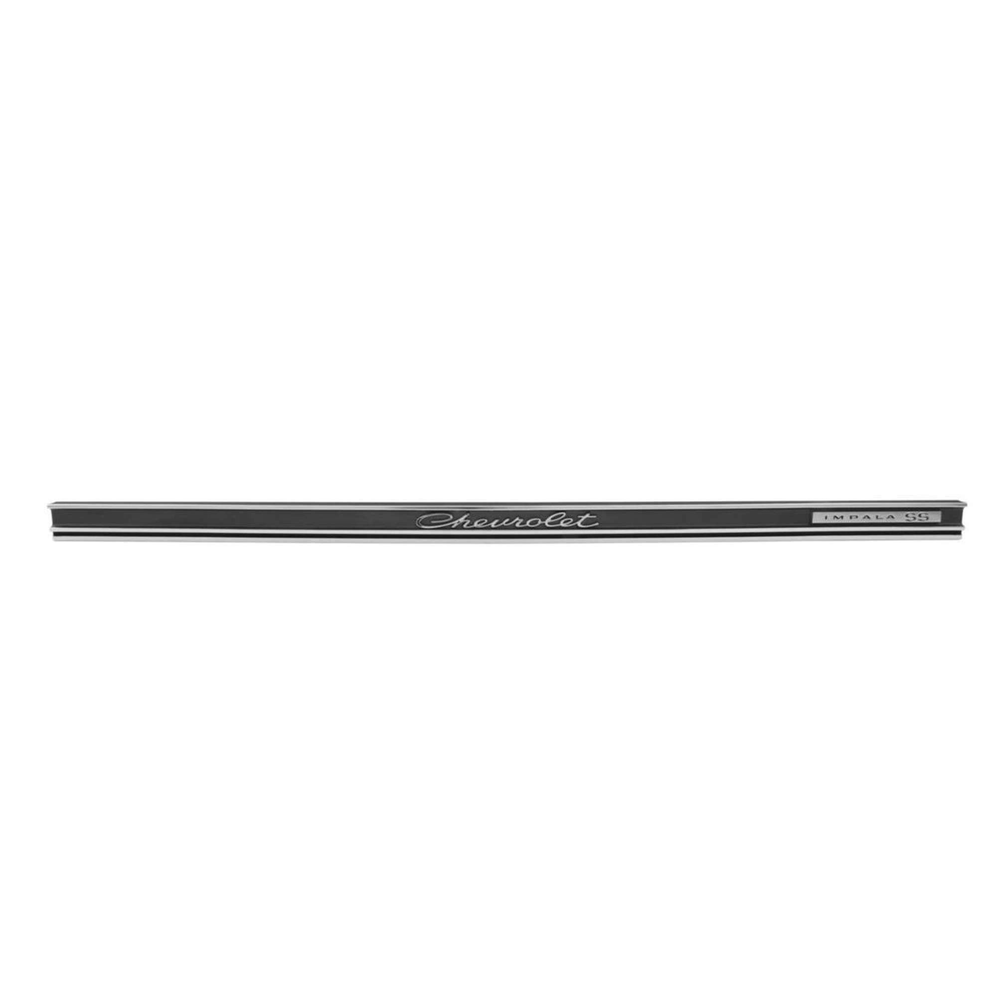 1965 Chevrolet Impala SS Black & Gray Rear Panel Molding W/ Emblems & Mounting Brackets - Image 2