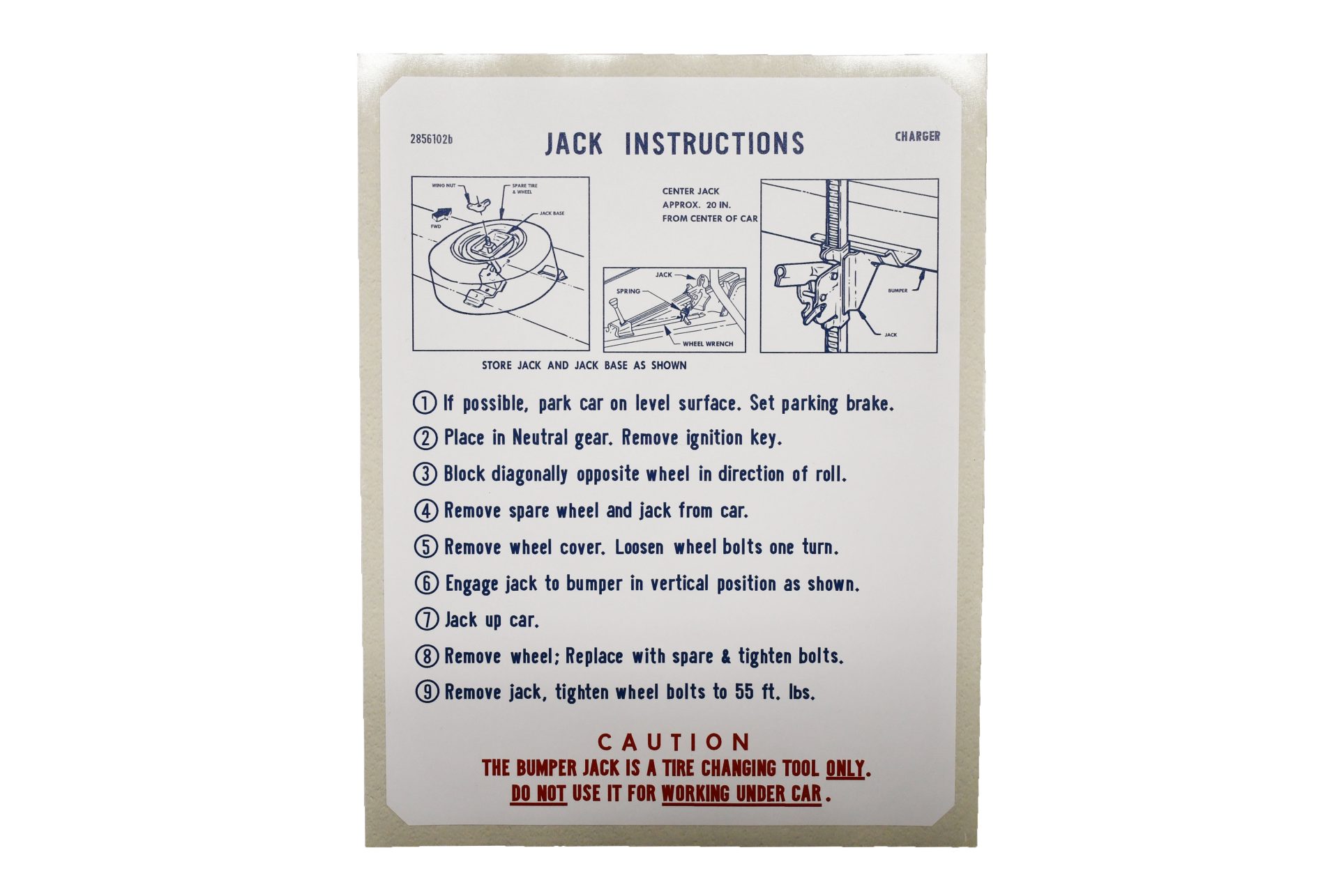 1968 Dodge Charger Jack Instructions Decal 2856102B