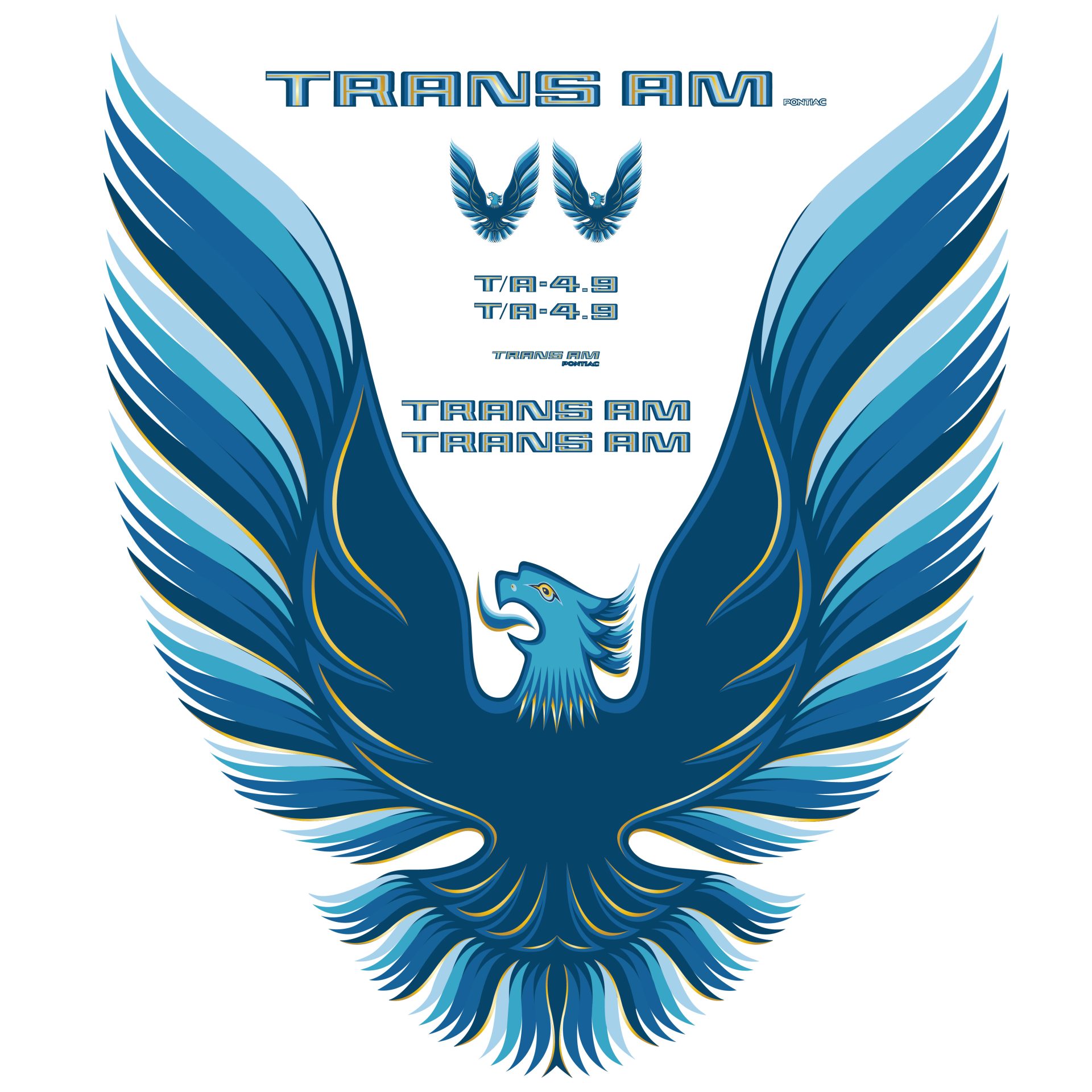 1979-1980 Pontiac Firebird Trans Am Blue Vinyl Decal Kit With T/A 4.9 & 5 Color Hood Bird